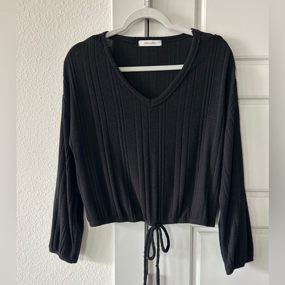 Black V-Neck Lightweight Drawstring Sweater